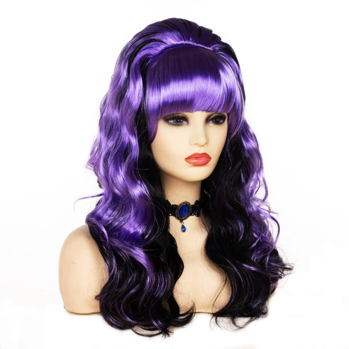 NJJYXH 20 Inches Retro Beehive Purple Mixed Black Wigs for Women Long Wavy Wig with Neat Bangs Synthetic Natural Wig for 60s 70s 80s Cosplay,Halloween,Daily Use