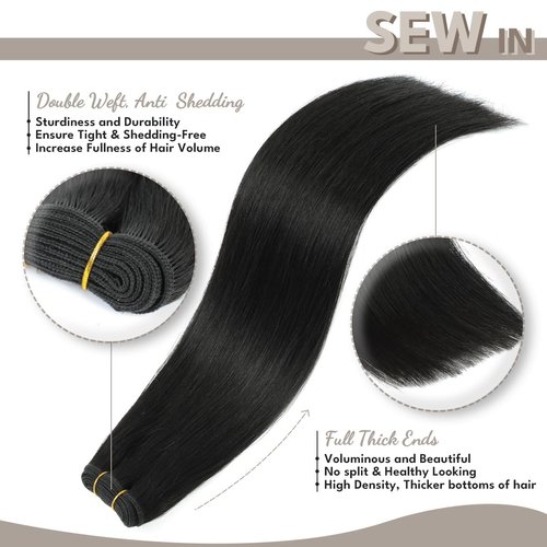 Jerriess Sew in Hair Extensions Real Human hair, Silky Soft &Shiny Double Drawn Weft Hair Extensions human hair, Thick ends&Tangle Free Human hair extensions sew in,100g Straight Natural Black,22 inch