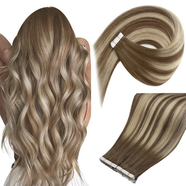 Ve Sunny Tape in Human Hair Extensions Brown Ombre Hair Extensions Tape ins Balayage Medium Brown Ombre Platinum Blonde and Brown Tape in Extensions Human Hair Ombre 50g 20pcs 16inch