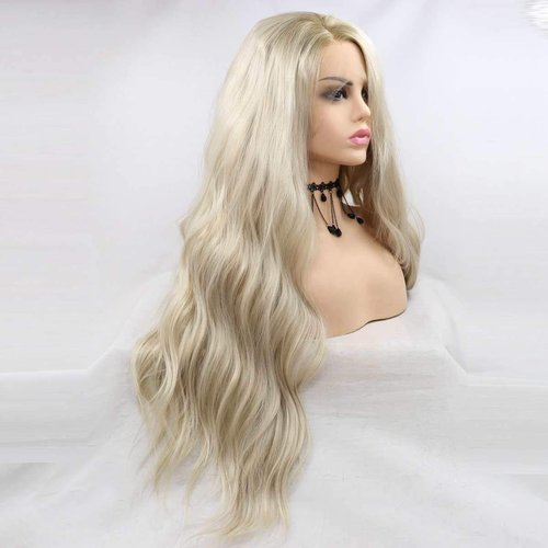 Xiweiya Long Blonde Wavy Wig with Light Blonde Brown Root Synthetic Lace Front Wigs Side Part Wig Long Soft Wavy Wig Hair Replacement Wig for Women, Drag Queen Makeup 24 inch