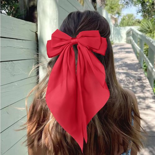 Red Hair Bow Black Hair Bow, 2PCS Big Bows for Girls Hair Bow Clips, Red Bow for Hair Black Bow for Hair Clips, Satin Hair Bows with Long Tail Alligator Clips, Coquette Bows Accessories