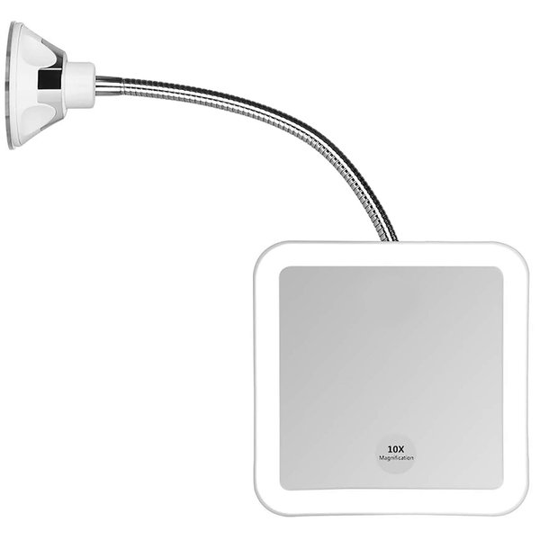 JiBen Square Flexible Gooseneck LED Lighted 10X Magnifying Makeup Mirror, Power Locking Suction Cup, Bright Diffused Light, 360 Degree Swivel, Portable Cordless Travel and Home Bathroom Vanity Mirror