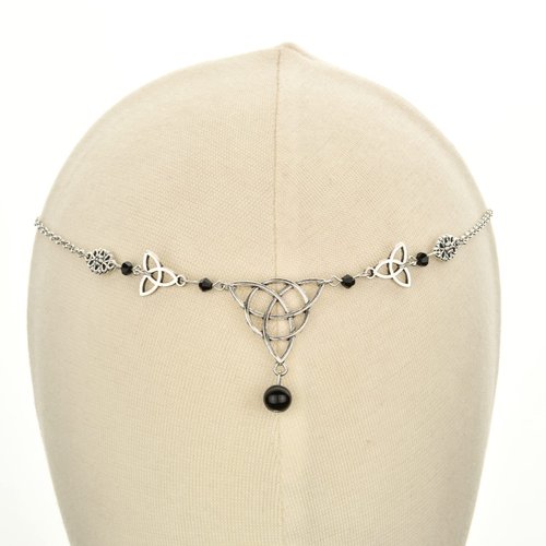 Merroyal Women Girls Gothic Head Chain Crystal Pendant Headpieces Gypsy Boho Celtic Knot Hairband Halloween Hair Acessories (Silver and Black)