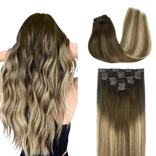 DOORES Remy Hair Extensions Clip in Balayage Walnut Brown to Ash Brown and Bleach Blonde 120g 7pcs 14 Inch Clip in Human Hair Extensions Real Hair Extensions Natural Straight