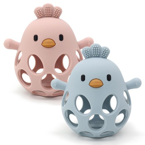 Baby Teething Toy, Hollow Chicken Silicone Teething Toys, Soft Baby Chew Toys for Sucking Needs, Bells can be Installed, Suitable for Babies of Any Age(Blue+Pink)
