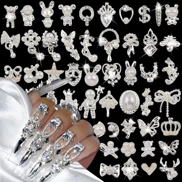 50pcs Luxury Nail Rhinestones Random Silver Nail Charms 3D Alloy Butterfly Nail Art Charms Metal Bowknot Bear Nail Gems Heart Star Flower Charms for Nails Mix Styles Nail Jewels for Nail Art Supplies