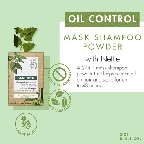 Klorane Oil Control 2-in-1 Mask Shampoo Powder with Nettle and Clay for Oily Hair and Scalp, Deep Cleansing Powder-to-Foam Treatment - Paraben, Silicone and Sulfate Free, Biodegradable, Vegan