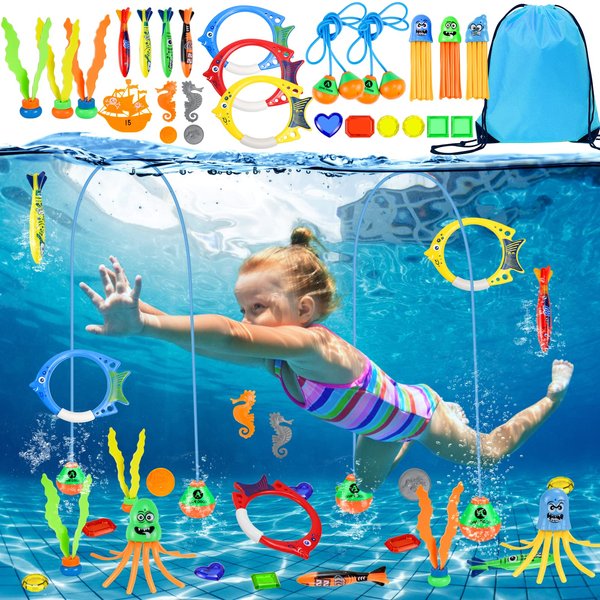 Hysagtek Pool Toys for Kids Ages 4-12, 27PCS Swimming Diving Pool Toys Games Set - Swim Thru Doors, Diving Rings, Torpedoes, Seaweed, Octopus...