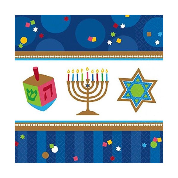 Amscan Joyous Menorah Celebration Luncheon Napkins Tableware, Blue/White, Paper, 6.5" x 6.5", 36-Piece