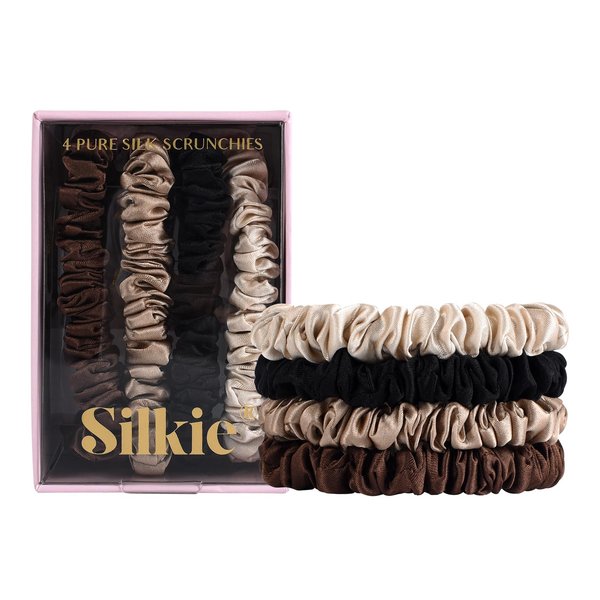 SILKIE x4 Set 100% Pure Mulberry Silk Black Brown Skinny Scrunchies Travel Pouch Everyday Hair Ties Elastics Hair Care Ponytail Holder No Damage (Chocolate)