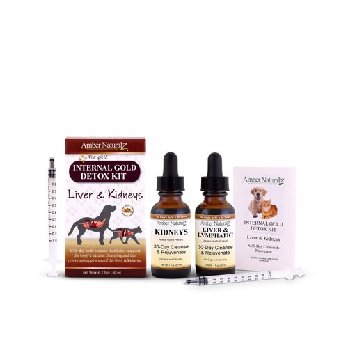 Amber NaturalZ Internal Gold Detox Kit Herbal Supplement Kit for Dogs and Cats | Pet Supplements for Kidney and Liver Support | 2 Amber Glass Bottles (1 fl oz Each) | Manufactured in The USA