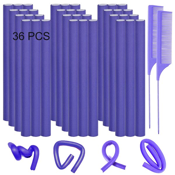36PCS Flexible Curling Rods for Women, Twist Hair Rollers for Long and Short Hair, Foam Rollers with 2 Steel Pintail Combs