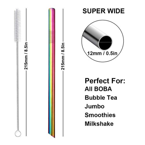 Reusable Boba Smoothie Straw Rainbow Metal Straws Wide Thick Fat Angled Tip Sharp End Straw for Milkshake Jumbo Bubble Tea Straws With Carry Case Bag Silicone Tips Brush 12mm 0.5in 4 Pack