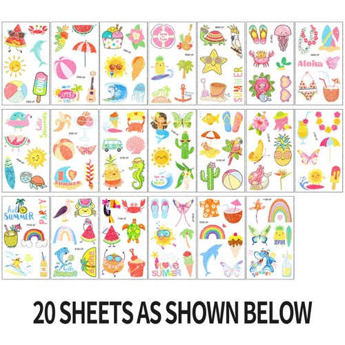 Glitter Summer Tattoos Temporary For Kids Hawaiian Luau Themed Tattoos Tropical Beach Waterproof Tattoos Stickers Pool Party Favors Decoration Supplies For Adults