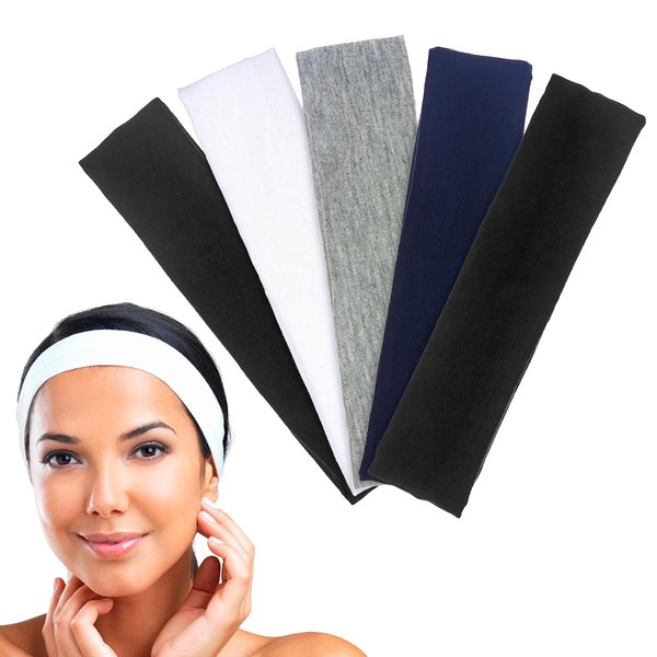 Expressions 5pc Headwraps in Black, Blue, Gray & White - Bulk Hair Accessories For Women, Workout Headbands For Women, Fabric Headbands