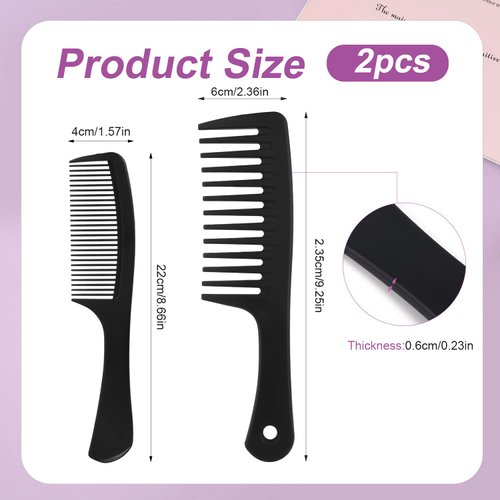 2Pcs Hair Combs, Wide Tooth Comb and Fine Teeth Comb Anti Static Heat Resistant Hair Hairstyle Tool for Hairdressing, Curly Wet Wavy Thick Hair, Wigs, Barber, Salon, Women Men (Black)