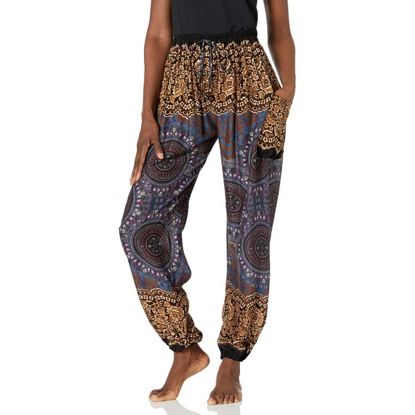 Lannaclothesdesign Women's Boho Drawstring Smocked Waist Rayon Harem Yoga Pants (L, Brown)