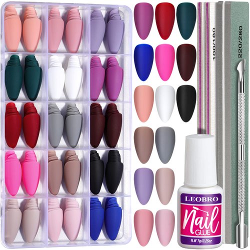 LEOBRO Press on Nails Almond Medium, 15 Pack 360PCS Almond Press on Nails Matte, Almond Shaped Acrylic Fake Nails Press on False Nails Medium Full Cover, 10 Sizes Stick Glue on Nails for Women Girls