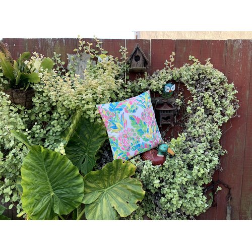 Outdoor Throw Pillow Cover, Pineapple, Palm tree, Uplifting, Vivid, Water Color, Premium High Quality Moisture Resistant.