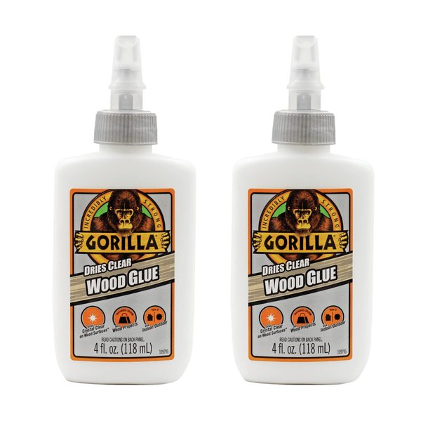Gorilla Dries Clear Wood Glue, 4oz Bottle (Pack of 2)