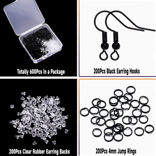 St.Kunkka 600Pcs Hypoallergenic Earring Hooks, Black Earring Making Kit, Earring Making Supplies with Earring Backs and Jump Rings for Jewelry Making (Black)