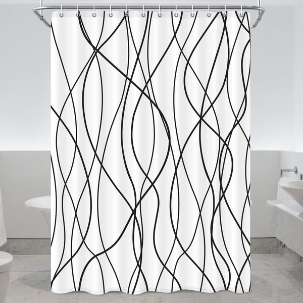Punkray Black and White Striped Wavy Line Fabric Shower Curtain for Bathroom with 12 Hooks, Extra Long Shower Curtains for Bathroom 96 Inches Long, Weighted Hem,Waterproof Bath Accessories