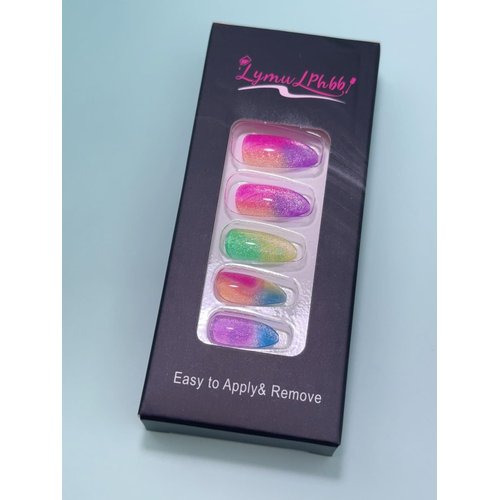 LymwLphbb 24pcs Press on Nails, Long Almond Fake Nails with healthy Glue, easy use for Women with Designs and Recyle, Multicolored Glitter Faux Nails Set, Rainbow Color