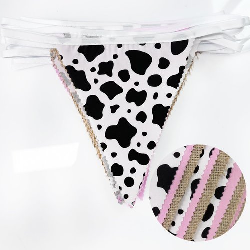 32Ft Western Cowgirl Party Decorations Burlap Pink Cow Triangle Flag Fabric Banner Pennant Garland Streamer for Western Cowgirls Birthday Baby Shower Derby Day Farm Animals Wild Party Decor Supplies