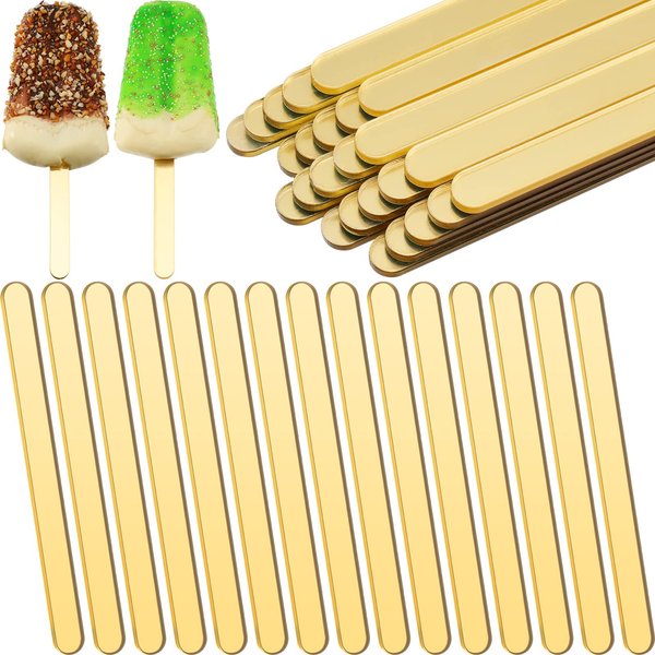 200 Pcs Acrylic Cakesicle Sticks Gold Mirror Ice Cream Sticks Reusable Plastic Cake Pop Sticks 4.5 Inch Mini Acrylic Sticks for Home Candy Gifts Party Craft DIY