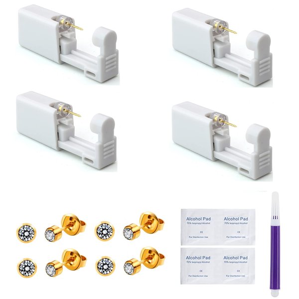 SXBBSMC Ear Piercing Kit, 4 Pack Ear Pearcings Kit with 4mm Gold Diamond Earrings, Self Disposable Ear Piercing Gun
