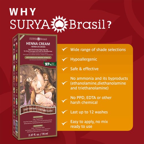 Surya Brasil Light Brown Natural Henna Cream Hair Color Treatment for Gray Hair Coverage, Deep Conditioning Semi Permanent Hair Dye, 2.37 oz / 70 ml