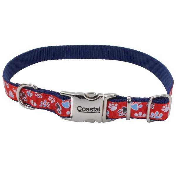 Coastal - Ribbon - Adjustable Dog Collar with Metal Buckle, Red with Paws, 5/8" x 08"-12"