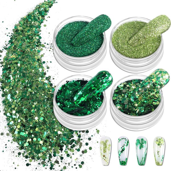 Allstarry Nail Glitter 4 Colors Shamrock Green Holographic Glitter Iridescent Chunky Nail Flakes Hexagon Face Sequins Sparkly Fine Powder for Spring St. Patrick's Day Manicure DIY Gel Polish Crafts