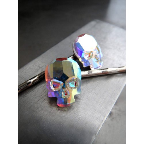 Iridescent Shimmer Crystal Skull Bobby Pins, Set of 2, Goth Halloween Hair Jewelry