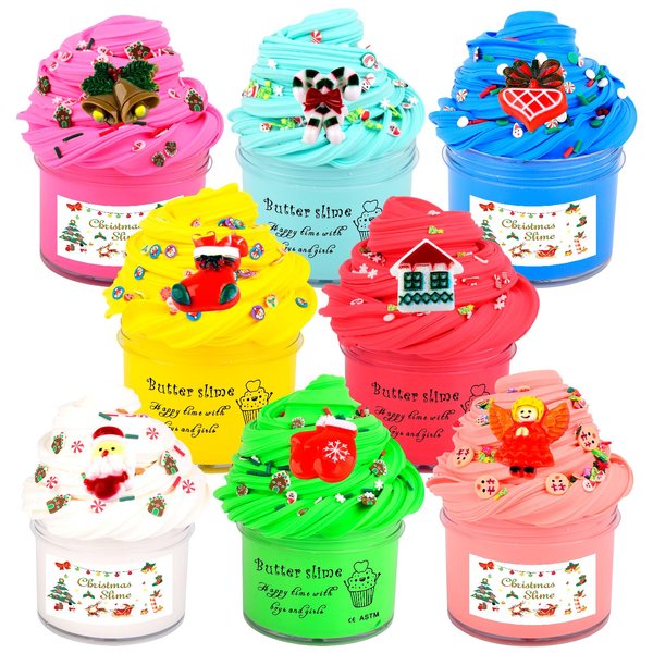 Butter Slime Kit for Girls 8 Pack,Party Favors with Christmas Tree,Santa Claus,Christmas House,Candy,Bells,Gloves Gift Box Slime,Stretchy and Non-Sticky,Stress Relief Toy for Boys,Stocking Stuffers