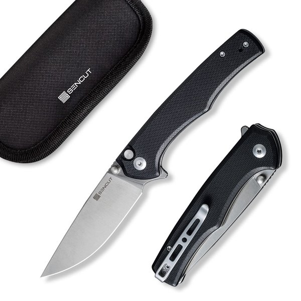 SENCUT Crowley Pocket Knife Button Lock Folding Knife for EDC, Black G10 Handle Satin D2 Blade Foldable Small Knife with Clip, Everyday Carry Knife for Men Women Indoor Outdoor Gift S21012-4