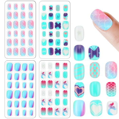96 Pcs Fake Nail Press on Nails for Girls, Lovely False Nail Tips Pre-glue Full Cover Short Acrylic Gradient Color Nails for Girls Kids Nail Art Decoration(Blue Theme)