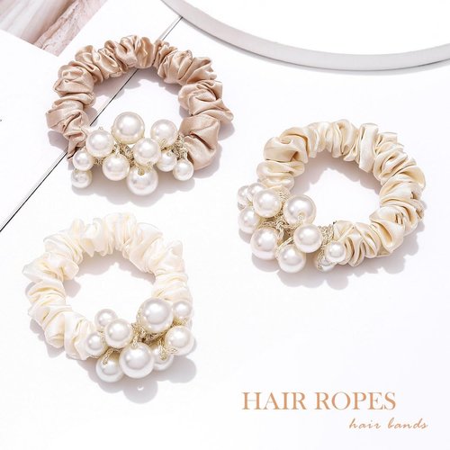 Fashey Pearl Hair Ties Elastic Ponytail Holder Satin Hair Scrunchies Rhinestone Hair Bands Hair Ropes Hair Accessories for Women and Girls（Pack of 3）