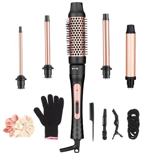 5 in 1 Curling Iron, Hair Curling Wand Set with Curling Brush and 4 Interchangeable Ceramic Curling Wand(0.35”-1.25”), Hair Crimper, Instant Heat Up,Include Heat Protective Glove & 2 Clips