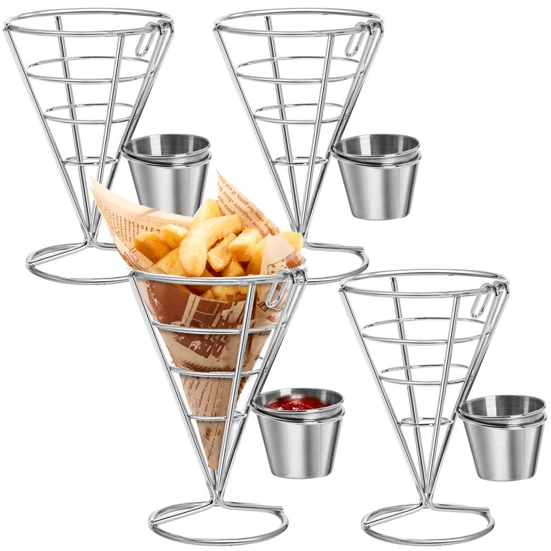 Peohud 4 Pack French Fries Stand, Chip Cone Basket with Sauce Dipper ...