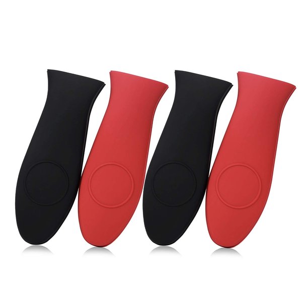 SKEMIX 4 Packs Silicone Hot Handle Holder Kitchen Heat Resistant Fry Pan Milk Pot Sleeve Grip Handle Cover Potholder for Cast Iron Skillets Griddles Metal & Aluminum Cookware – Black & Red
