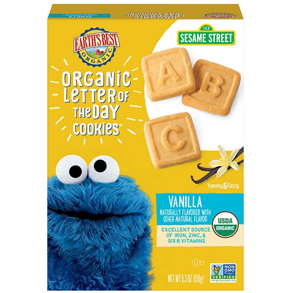 Earth's Best Organic Kids Snacks, Sesame Street Toddler Snacks, Organic Letter of the Day Cookies for Toddlers 2 Years and Older, Vanilla, 5.3 oz Box