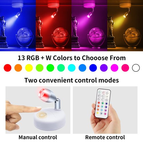 HFCDL Small Spotlight Battery Operated Accent Light with Remote, RGB LED Wireless Little Spot Light Rotatable with Dimmer & Timer for Artwork Painting