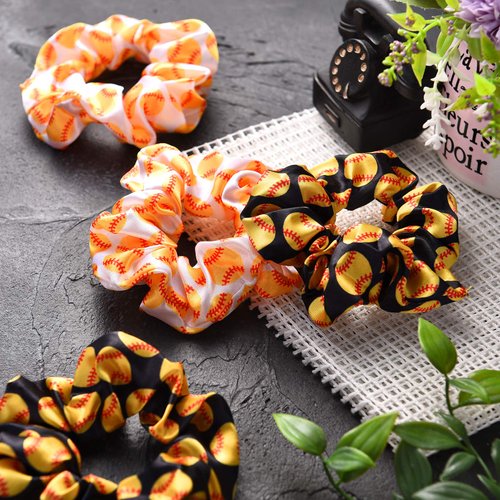 20 Pieces Sport Hair Scrunchies Sports Scrunchy Hair Ties Elastic Silk Satin Scrunchies Hairband Scrunchy Ponytail Holder for Women Girls Player Team Hair Accessories, Black, White (Softball)
