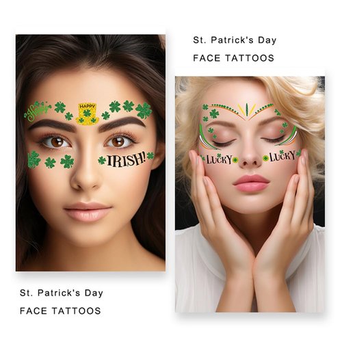 Shamrock Tattoo Stickers St. Patrick's Day Temporary Tattoos Face Tattoo Decals St Patrick’s Day Party Art Decoration Supplies 20sheets