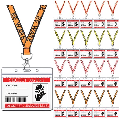 20 Set Halloween Secret Agent Name Tags Secret Agent Badges for Kids Detective Decorations Escape Room Party Favors with Lanyard, ID Holder for Halloween Caution Escape Room Themed Birthday Party