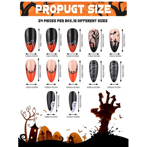 96PCS Halloween Press on Nails, EBANKU Almond False Nails Ghost Face Skull Full Cover Acrylic Nails Halloween Artificial Fake Nails with Adhesive Tabs Stick on Nails DIY Manicure Decoration