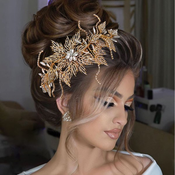 ULAPAN Wedding Hairpiece Headbands Rhinestone Gold Bridal Tiara for Women Bridal Hair Accessories (Gold)