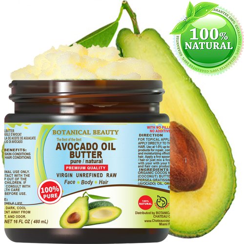 Botanical Beauty AVOCADO OIL BUTTER 100% Pure Natural VIRGIN UNREFINED Cold-Pressed 16 Fl oz 480 ml for Face, Skin, Body, Hair, Lip, Nails. Rich in Vitamin E, Omega 3, Omega 6