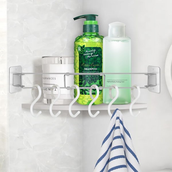 Yniyas RV Shower Corner Storage Bar-Adjustable Stainless Steel Tension Rods with 6 PCS Hooks,RV Camper Travel Trailer Boat Bathroom Organization Must Have Accessories for Securing Toiletries
